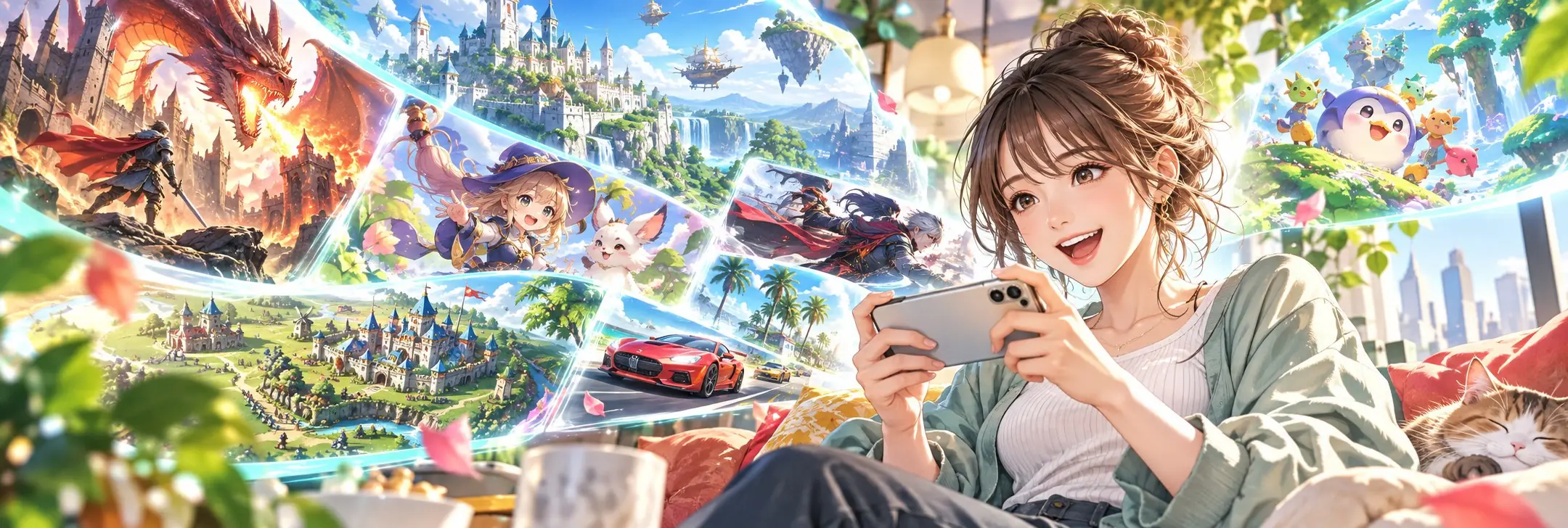 スマートフォンで新しいゲームを見つけて楽しむ女性