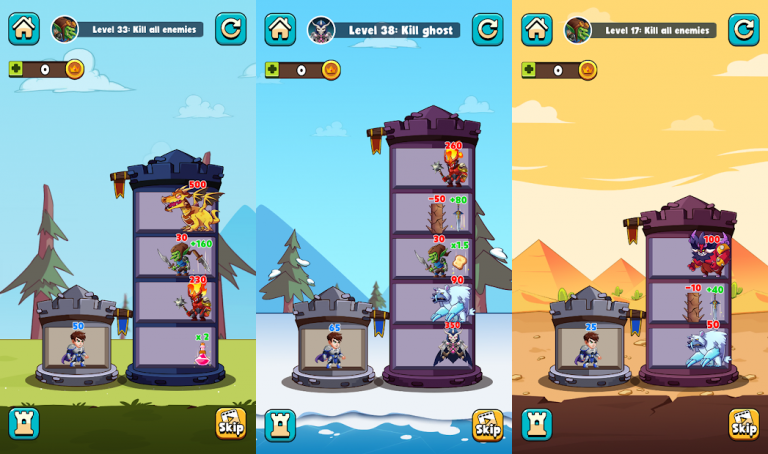 Hero Tower Wars - Math Puzzle、ビルの屋上から飛んで飛距離を稼いでいくシンプルゲーム！！