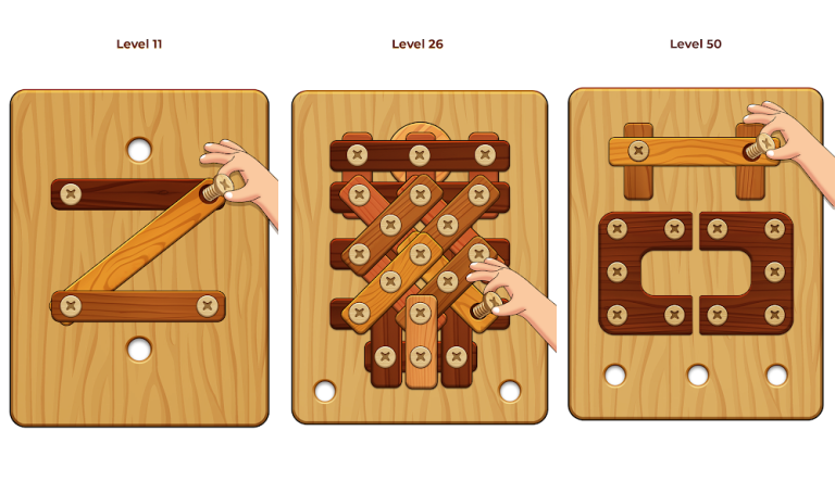 『ネジパズル: Wood Nuts u0026 Bolts Screw』ネジを回すだけで楽しめるシンプルパズルゲーム！