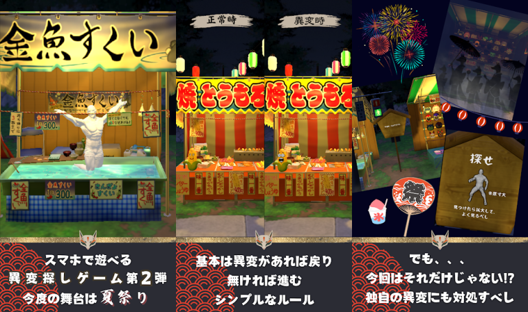 『異変がありすぎる夏祭り〜スマホで遊べる8番出口ライクゲーム〜』夏祭りの異変に挑め！レトロな風景に潜む謎を解き明かす、新感覚のミステリーゲーム！